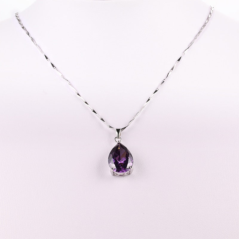 925 Sterling Silver Waterdrop Amethyst Pendant Necklace