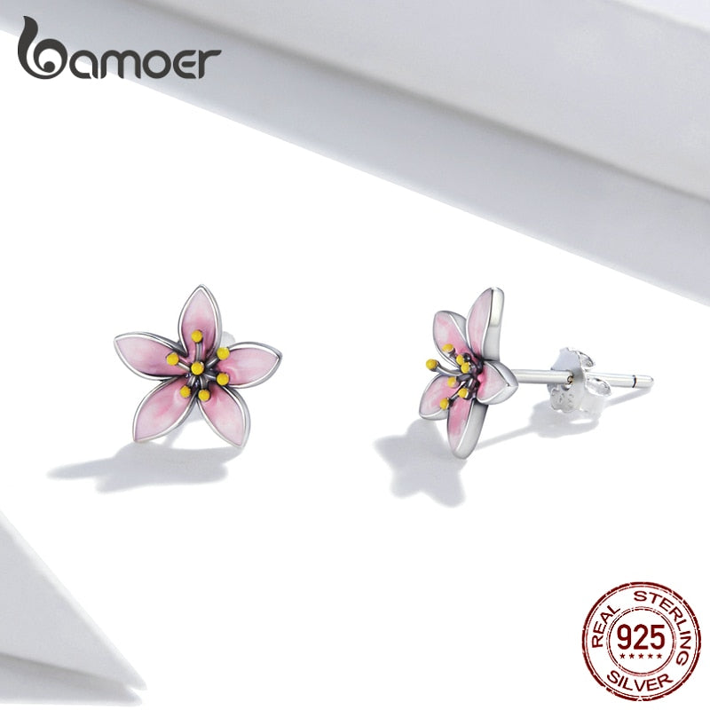 Genuine 925 Sterling Silver Elegant Pink Cherry Blossom Stud Earrings