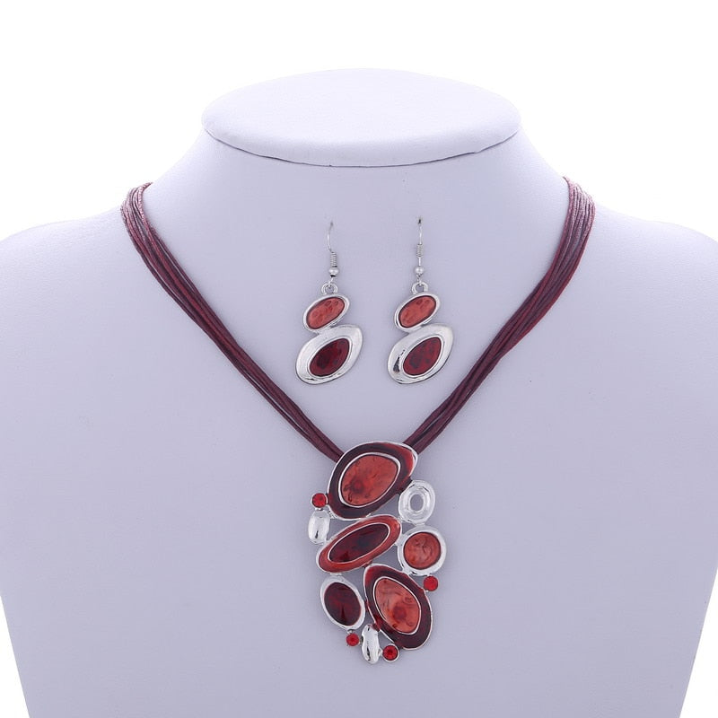 Multilayer Leather Pendant Necklace and Earrings