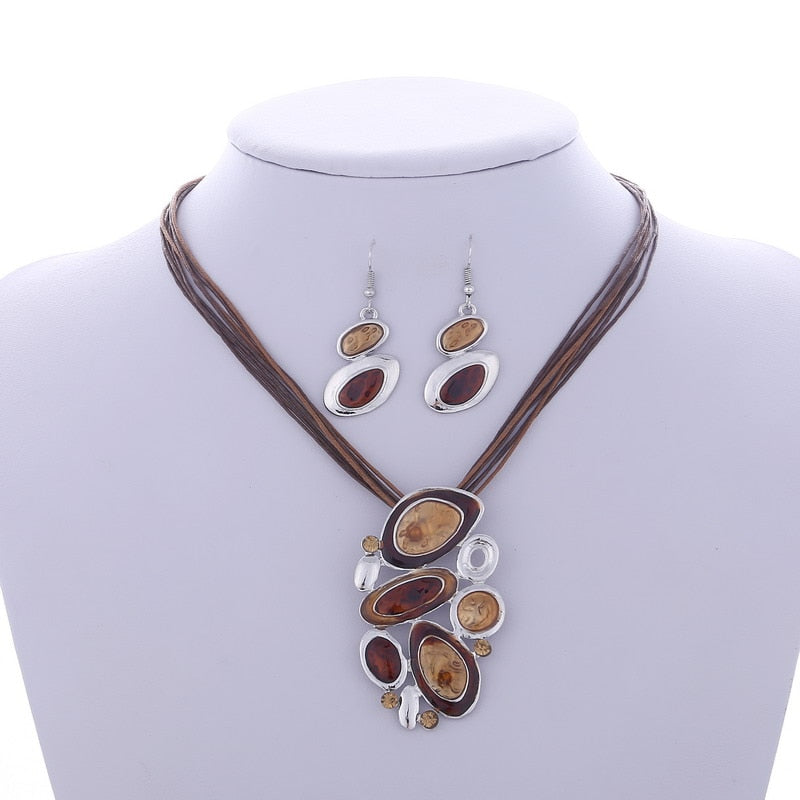 Multilayer Leather Pendant Necklace and Earrings