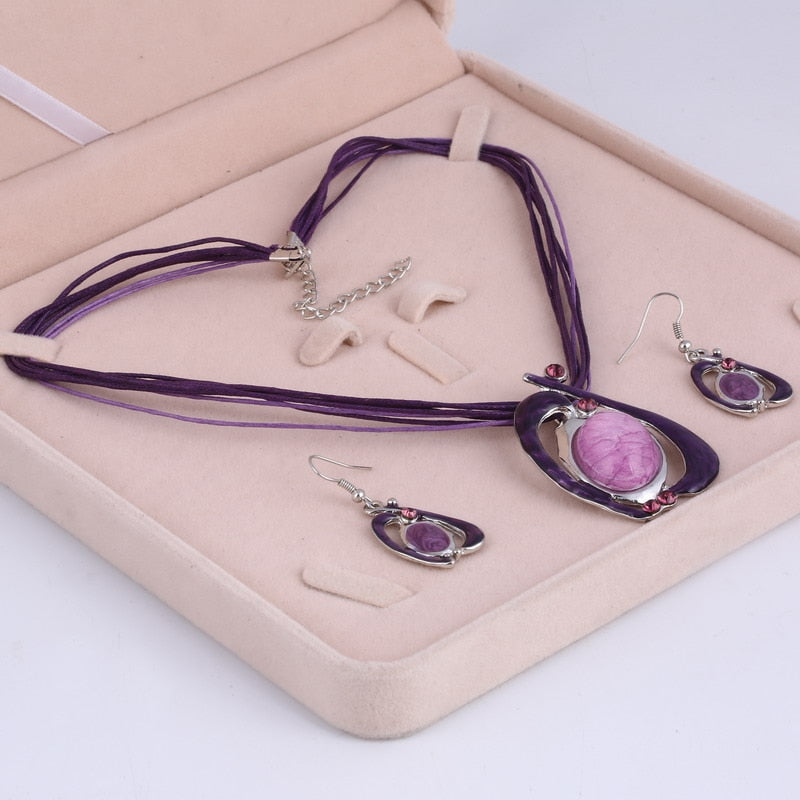 Multilayer Leather Pendant Necklace and Earrings