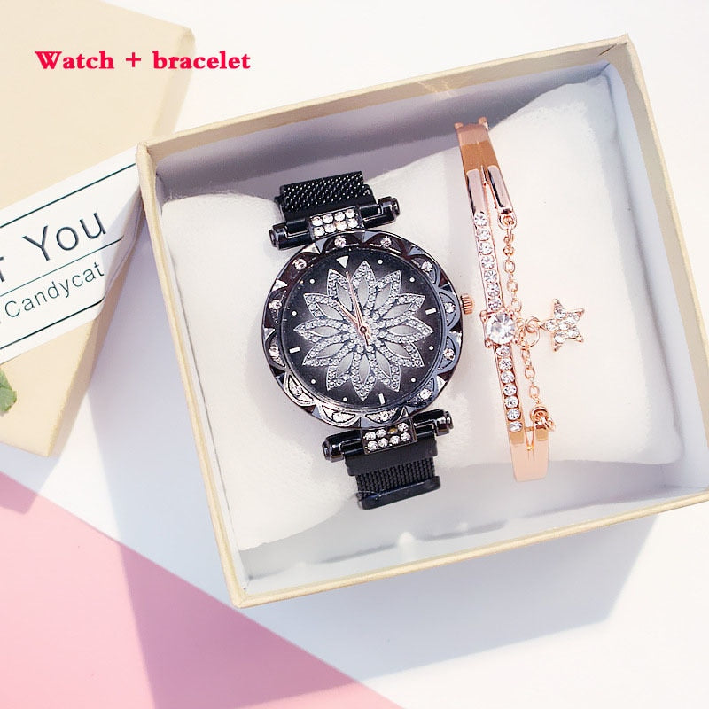 Lucky Flower Luxury Ladies Rhinestone Watches Bracelet Set