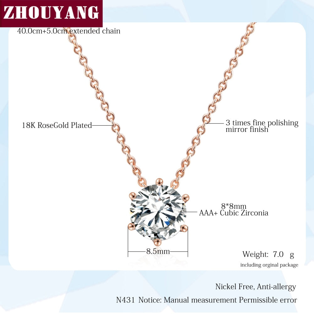 Simple Six Claw CZ Rose Gold Nickel Free Pendant Necklace