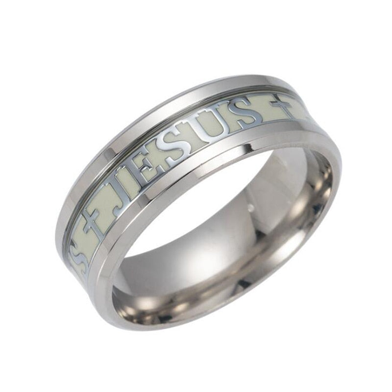 JESUS Letters Glow in the Dark Stainless Steel Ring