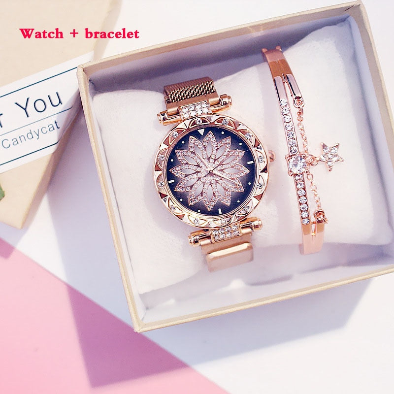 Lucky Flower Luxury Ladies Rhinestone Watches Bracelet Set