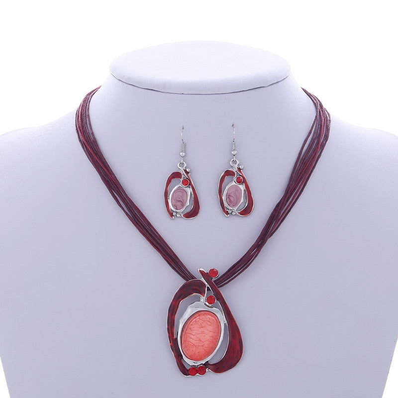 Multilayer Leather Pendant Necklace and Earrings