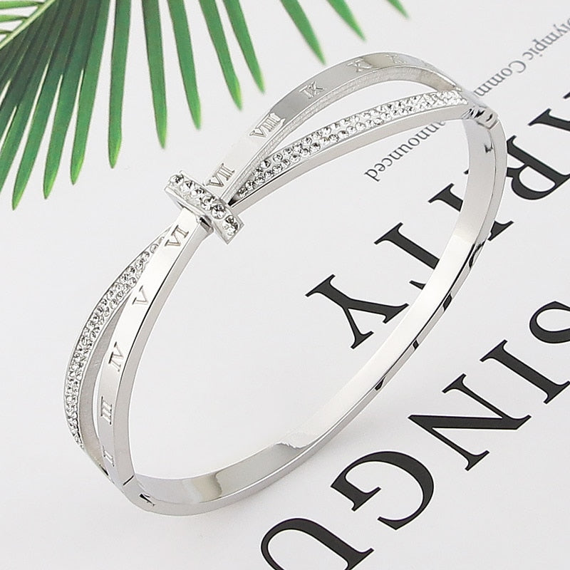 Cross Roman Numerals Stainless Steel Crystal Bangle