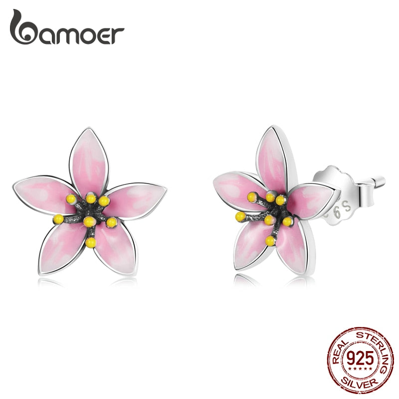 Genuine 925 Sterling Silver Elegant Pink Cherry Blossom Stud Earrings