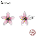 Genuine 925 Sterling Silver Elegant Pink Cherry Blossom Stud Earrings