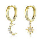 Genuine 925 Sterling Silver Moon and Star Dangle Earrings