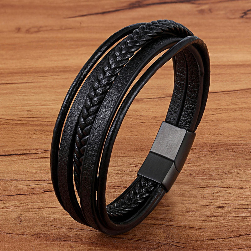 Multilayer Braided Black Leather Bracelet