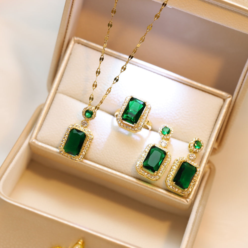 Bridal Exquisite Emerald Green Geometric Earring And Necklace Set