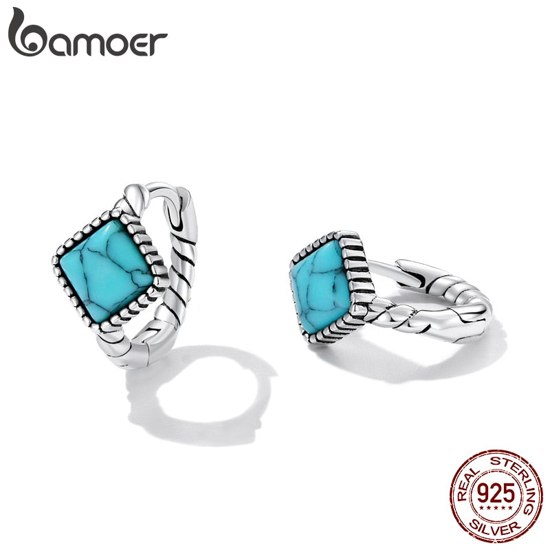 925 Sterling Silver Blue Square Turquoise Earrings