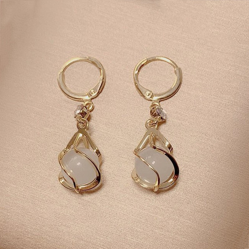 Rhinestone Asymmetric Hollow Opal Long Earrings