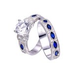 White CZ & Sapphire Solid Real 925 Sterling Silver Ring Set