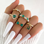 5Pcs Green Crystal Rings Set