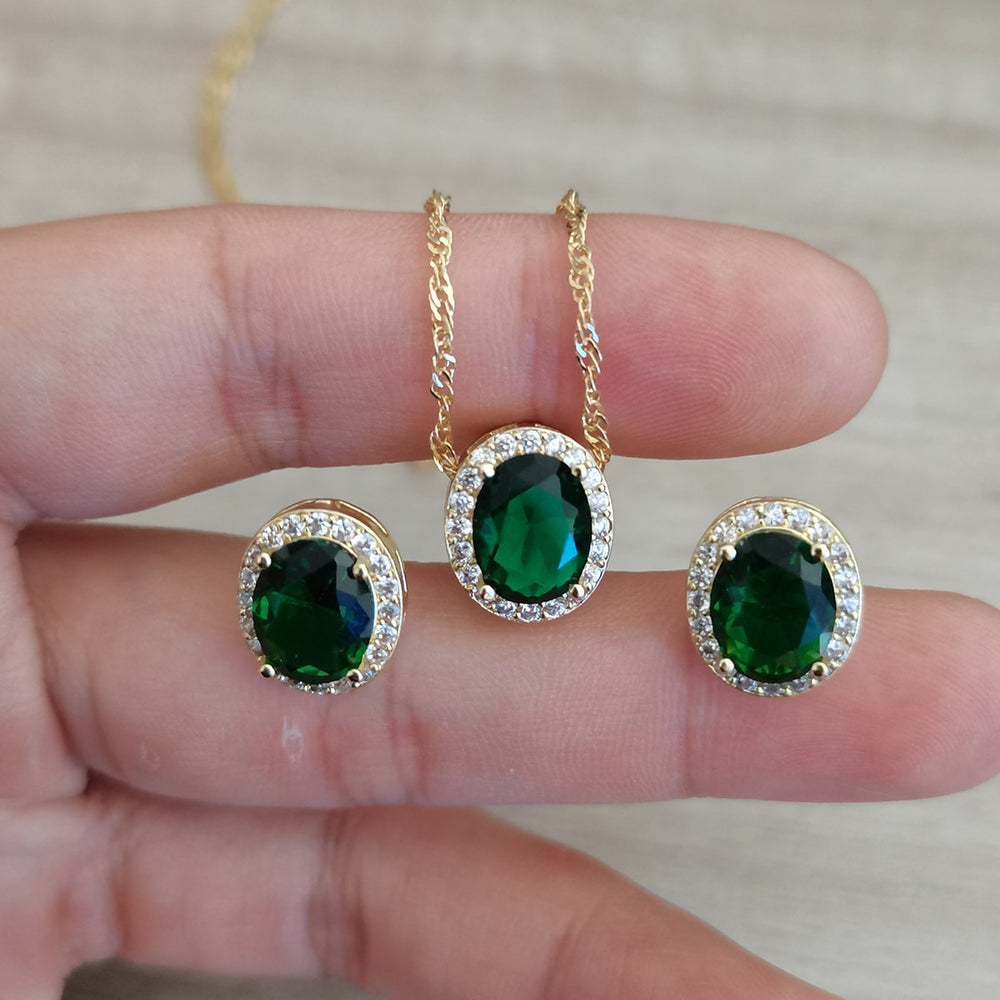 Bridal Exquisite Emerald Green Geometric Earring And Necklace Set