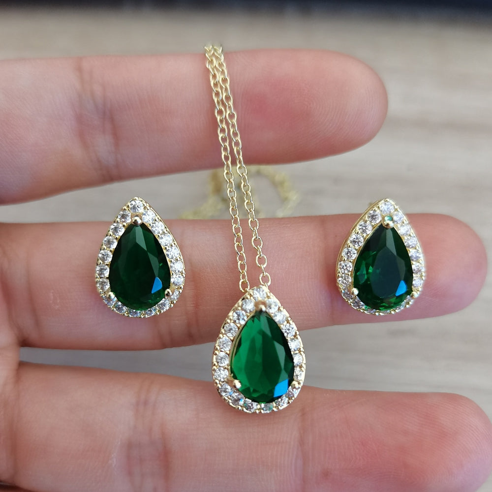 Bridal Exquisite Emerald Green Geometric Earring And Necklace Set