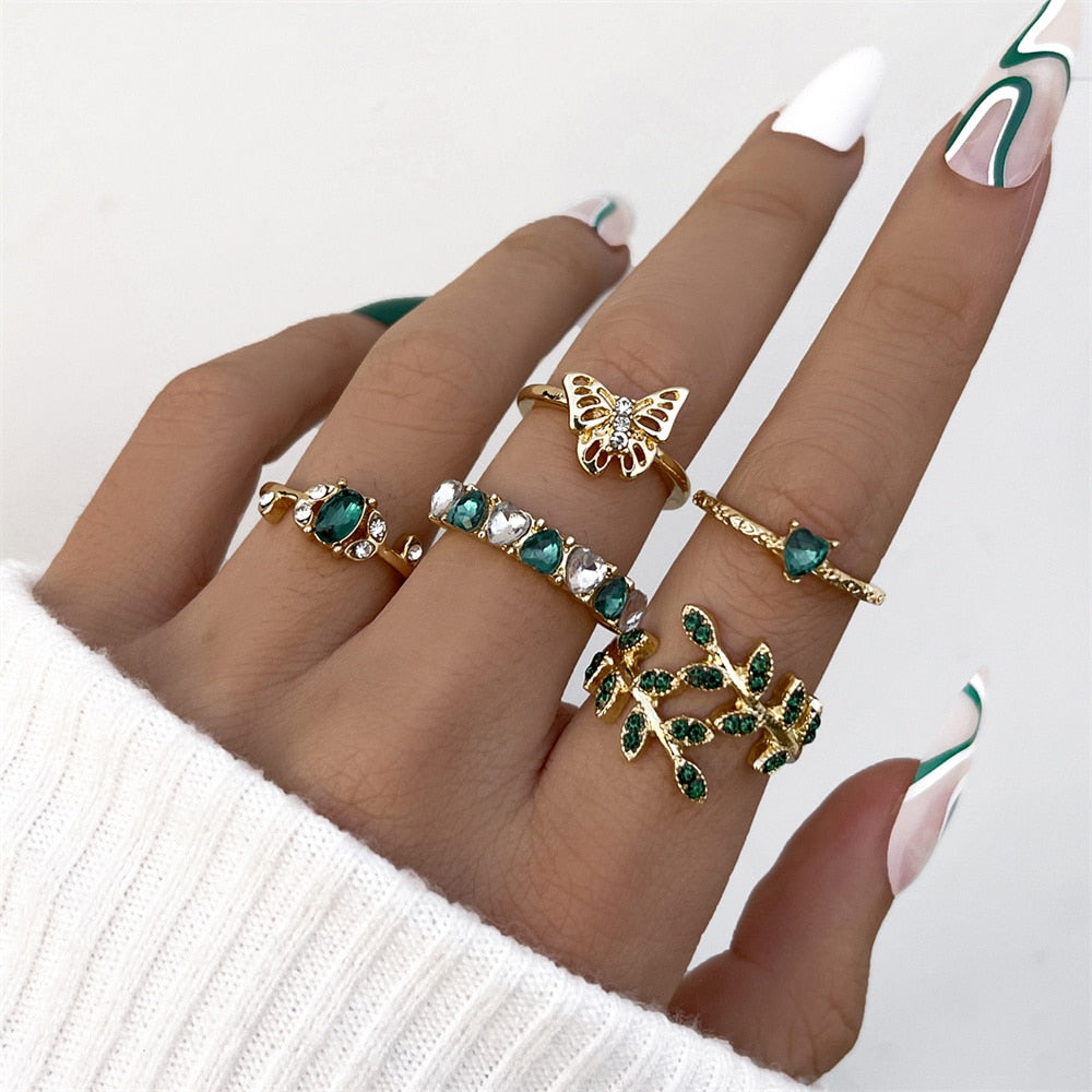 5Pcs Green Crystal Rings Set