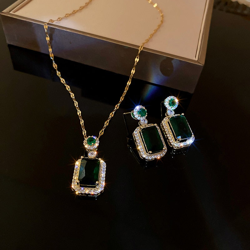 Bridal Exquisite Emerald Green Geometric Earring And Necklace Set