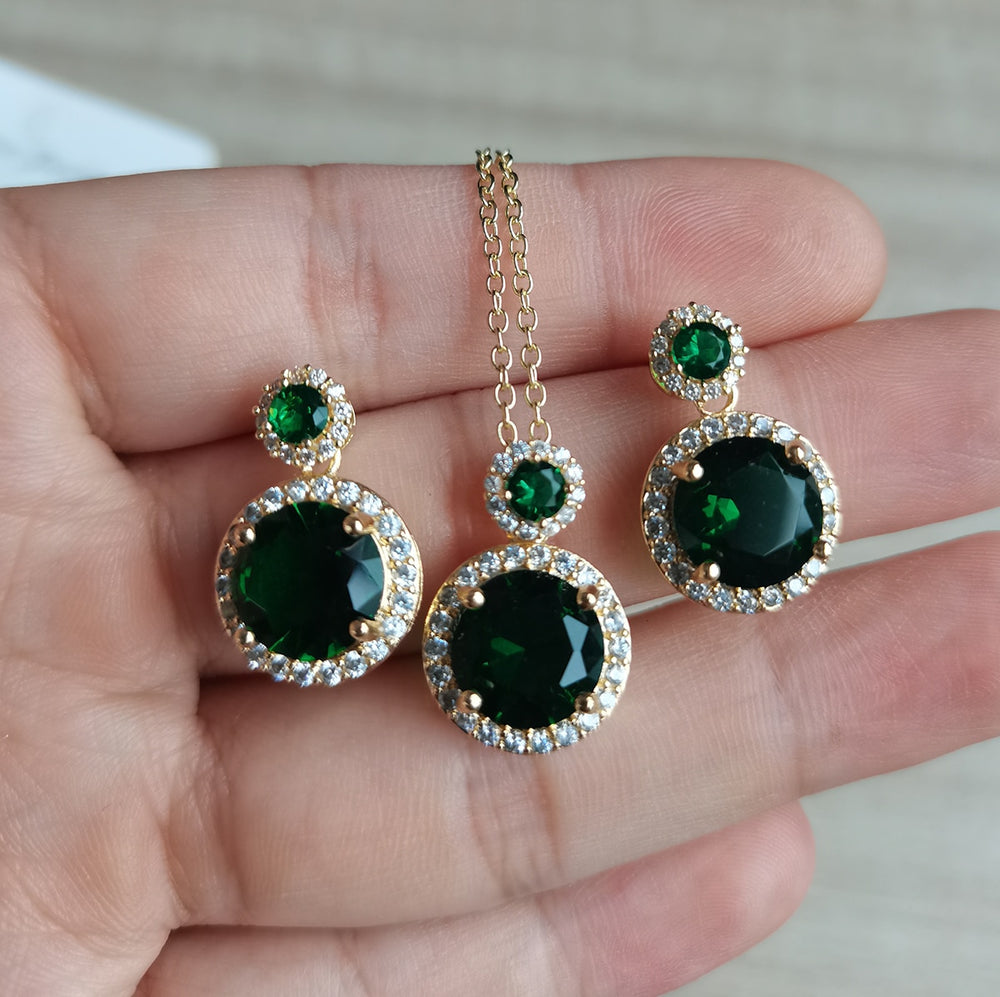 Bridal Exquisite Emerald Green Geometric Earring And Necklace Set